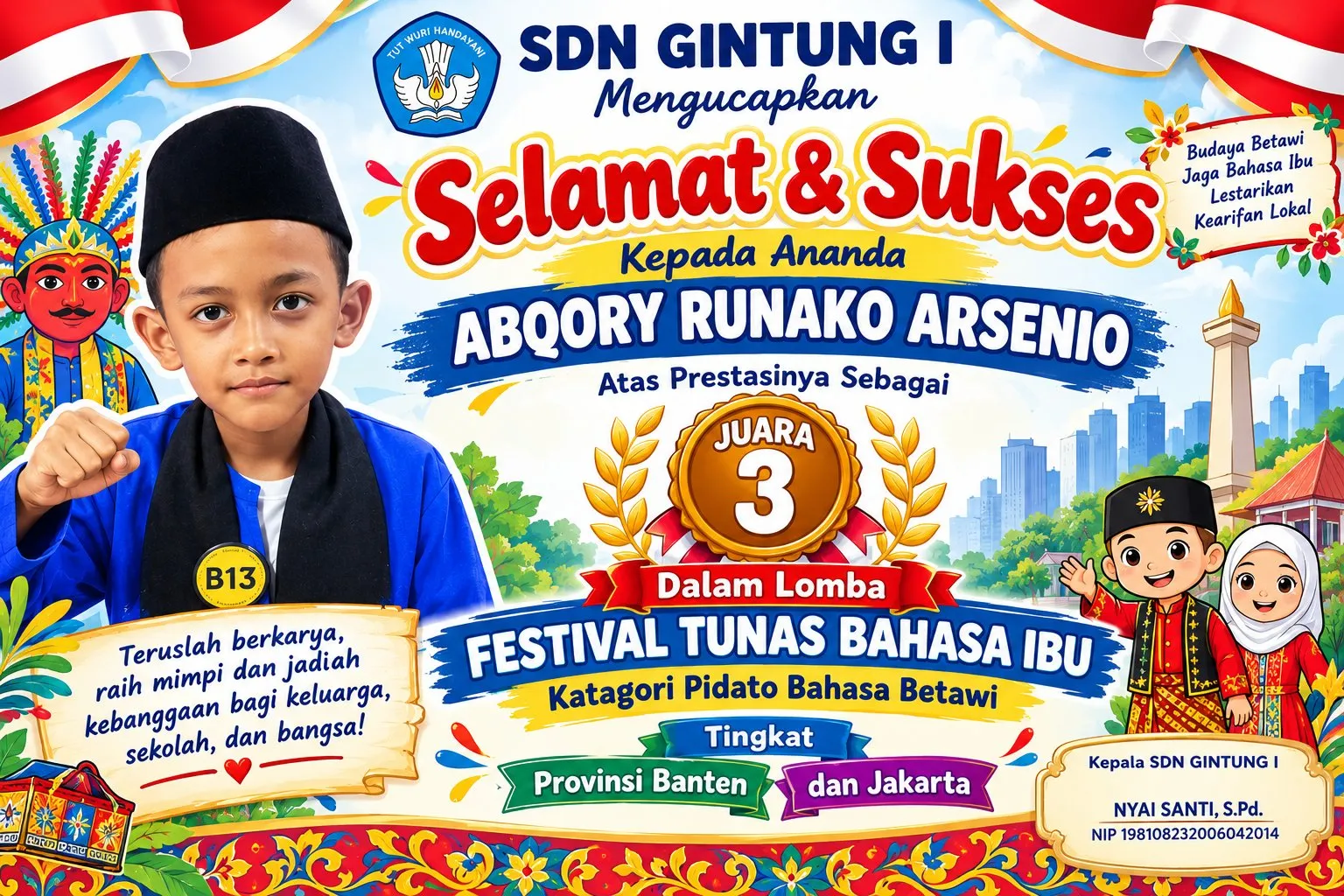 Juara 3 Lomba festival tunas bahasa ibu katagori pidato bahasa Betawi tingkat provinsi Banten dan Jakarta